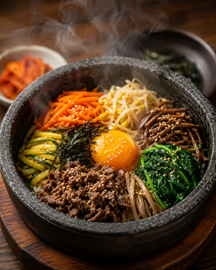 dolsot bibimbap with raw egg yolk in the center, steam rising